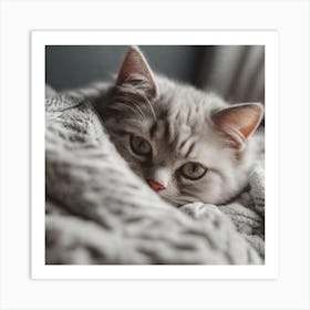 Grey Cat Laying On Blanket Art Print