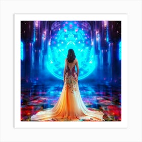 Elegant Woman Stands At The Center Of A Geometric Dreamscape Intricate Patterns Forming An Elaborat Art Print