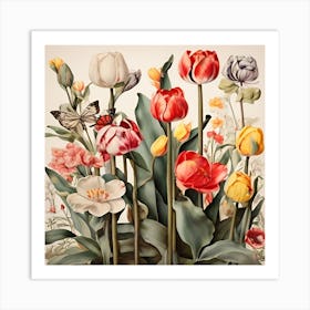 Tulips And Butterflies 3 Art Print