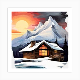 Abstract painting snow mountain and wooden hut 2 Art Print