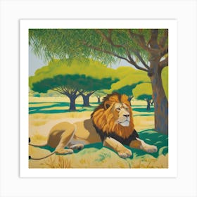 Lions Resting under Acacia Trees Series. Style of David Hockney 1 Art Print