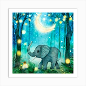 Watercolor Of A Baby Elephant Turquoise Skin Frolicking In An Enchanted Forest With Translucent Fa Art Print