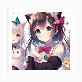 Anime Girls With Cats Art Print