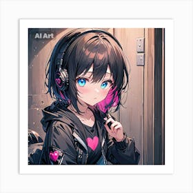 A girl having blue eyes and black-pink hair, wearing a black jacket, vibing with her headphone. Art Print