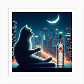 Cat Drinking Vodka At Night Art Print