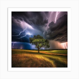 Lightning Over A Field Art Print