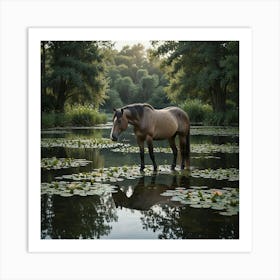 Horse In Lily Pond 1 Art Print