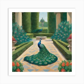 Peacocks in a Renaissance Garden Series. In Style of David Hockney 6 Art Print