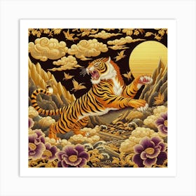 Beautiful combination of tiger roaring and mountains Art Print