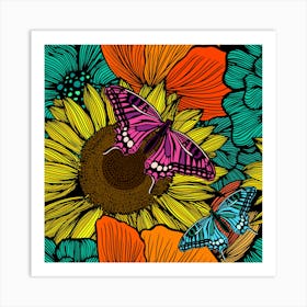 Seamless Pattern With Sunflowers And Butterflies 1 Art Print