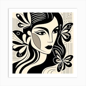 Matisse Style Female Portrait with Butterflies Art Print