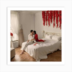 Couple Sitting On Bed Art Print