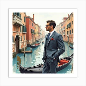 Sophisticated Italian Gentleman In Watercolor, With A Classic Venetian Gondola View Art Print