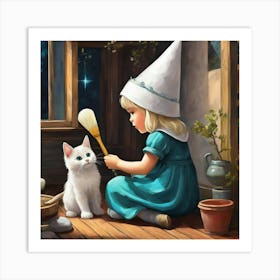 Cute Kawaii Gnome Girl Sitting And Painting Her Cats Back With Magic Brushstunning Masterpiece B 678276440 Art Print