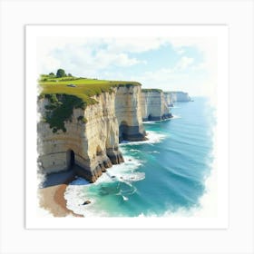 French Coastal Cliffs In Watercolor With Crashing Waves And Rugged Terrain 1 Art Print