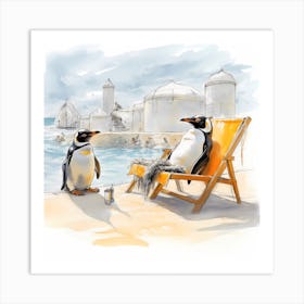 Penguins On Holiday Sketch Art Print