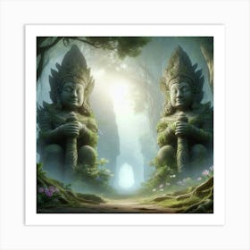 Buddha Statues In The Forest paintings art print Art Print