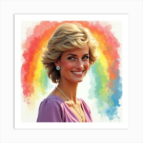 Vibrant Rainbow Watercolor Background, Princess Diana Smiling In Soft Light Art Print