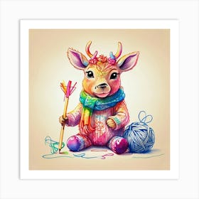 Deer With Knitting Needles 1 Art Print