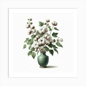 "A Serene Still Life of Cotton Blossoms in a Green Vase, Capturing the Essence of Nature's Delicate Beauty Art Print