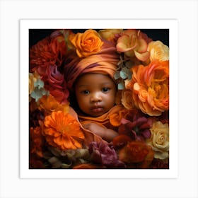 Portrait Of A Baby With Flowers Art Print