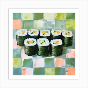 Cucumber Maki Sushi Pastel Checkerboard 1 Art Print