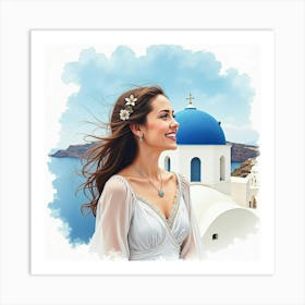 Enchanting Greek Woman In Watercolor, With The Iconic Blue Domes Of Santorini Behind 1 Art Print