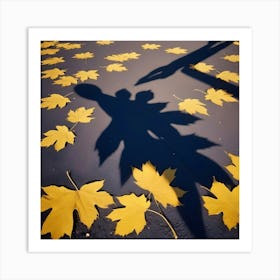 Fallen Yellow Maple Leaves On A Dark Surface, With Long Shadows Cast Upon Them, Creating An Abstract And Seasonal Composition Art Print