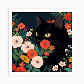 Black Cat In Flowers 6 Art Print