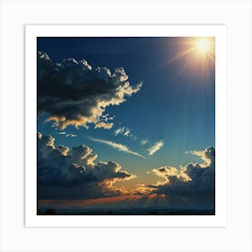 A Beautiful Blue Heavenly Sky With The Sun Peeking Behind Glowing Onto A Landscape Art Print