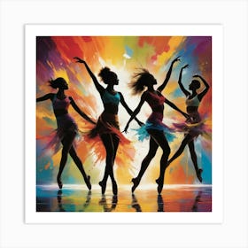 Dynamic silhouettes of dancers in motion against a colorful abstract background. The scene should convey energy, rhythm, and joy, with vibrant splashes of color highlighting the movement. 3 Art Print