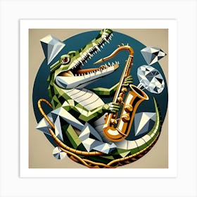 A Swinging Crocodile With A Diamond Saxophone, Inspired By The Cubist Collages Of Georges Braque 2 Art Print