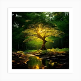 A Solitary Tree In A Clearing Its Mighty Trunk A Beacon Of Gold In A Sea Of Verdant Foliage Art Print