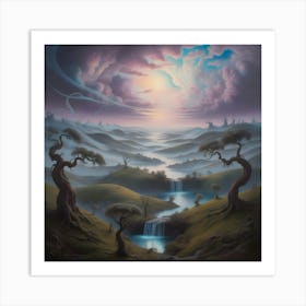 A Dreamlike Scenery Of Surreal Landscapes, Where Rolling Hills And Twisted Trees Stretch Towards A Sky With Swirling Clouds Of Iridescent Blues And Purples, Like A Dalíesque Painting Come To Life 2 Art Print