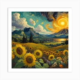 Van Gogh Painted A Sunflower Field In The Middle Of A Volcanic Eruption Art Print