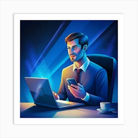 Man Working On Laptop And Phone Art Print