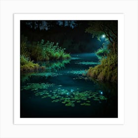 Lily Pond At Night Art Print