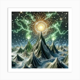 3 Dimensional Mountains With Multiple Green Lightning And White Swirls In A Vortex 2 Art Print