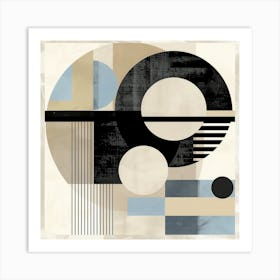 Abstract Geometric Painting - Circles and Lines in Beige, Black and Blue Art Print