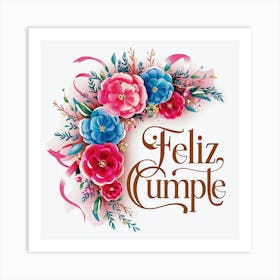 Feliz cumple and Feliz cumpleaños sign means Happy Birthday in Spanish language, Birthday party celebration gift with birthday cake candle colorful balloons best congratulation over light backgroundFeliz Cumple 1 Art Print