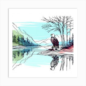 Eagle by Water Line Drawing with Color Effects - Wild Bird Artwork 171 Art Print