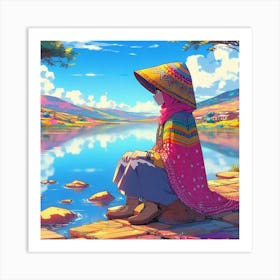 Anime Girl Sitting By The Lake 1 Art Print