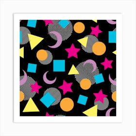 Cute Seamless Pattern With Colorful Geometric Shapes On Black Converted Art Print