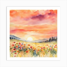 Wildflowers Sunset, Square Retro Art, Flower Fields 1 Art Print