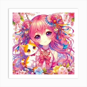 Anime Girl With Cat 2 Art Print