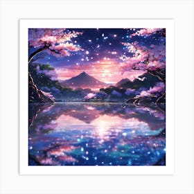 Midnight Blue Lake with Pink Cherry Blossom Trees Art Print