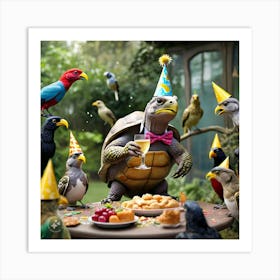 The Birds Looking Shocked And Surprised To See Tortoise At Their Party (1) Art Print