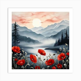 Serene Mountain Landscape Framed By Vibrant Red Poppies Art Print