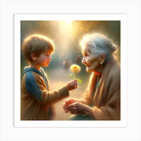 Boy With Flower And Grandma Art Print