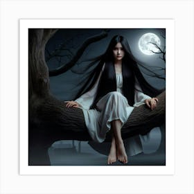 Beautiful Woman Sitting On A Tree Art Print